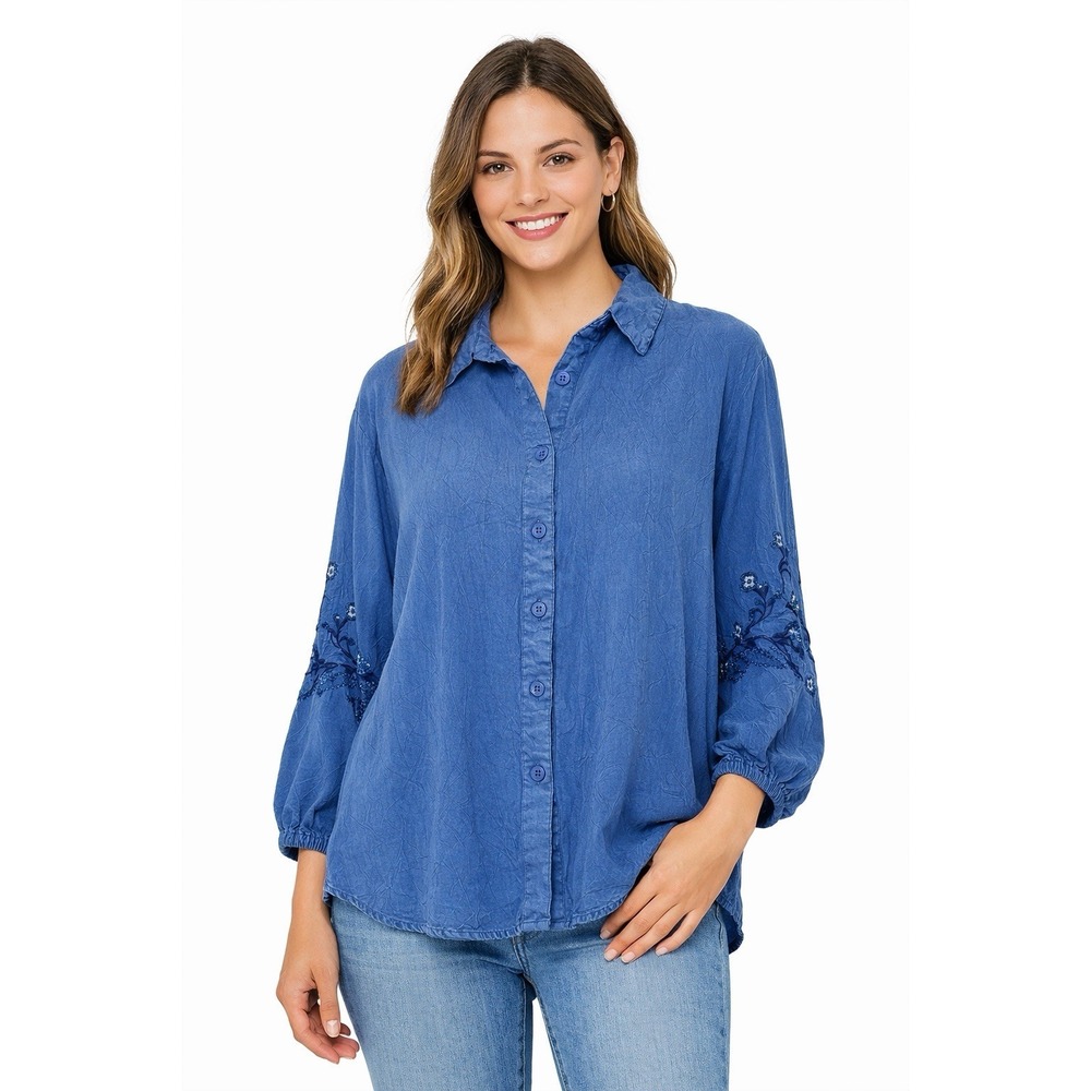 Women's Blouse Blue Rayon Button Up L Embroidered Floral Boho Peasant Cottage